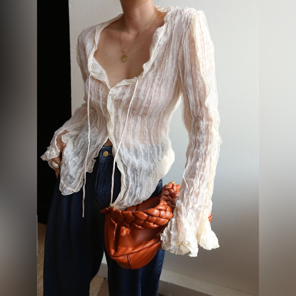 Commense Cream Chiffon Sheer Lettuce Trim Long Sleeve Blouse NWT - Picture 7 of 7